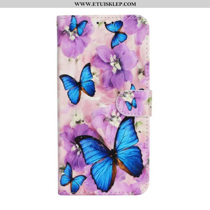 Etui Folio do iPhone 13 Mini Niebieskie Motyle W Kwiatach